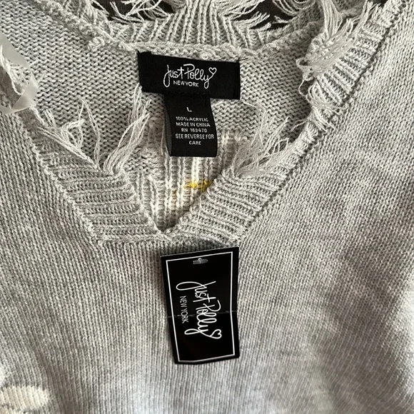 NWT just Polly distressed sweater L flowers gray - Picture 2 of 5